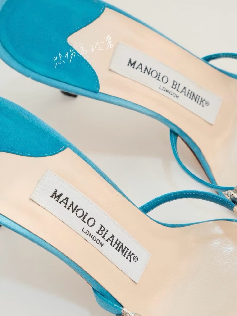 Manolo Blahnik Turquoise Satin Heels with Crystal Star Straps - Picture 5 of 7
